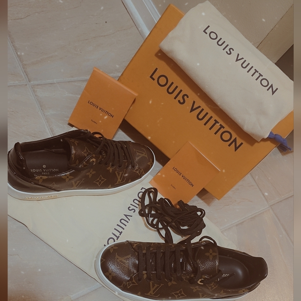 Louis Vuitton Patent Monogram Frontrow Sneakers MS1220 Size 39 Black Brown Gold